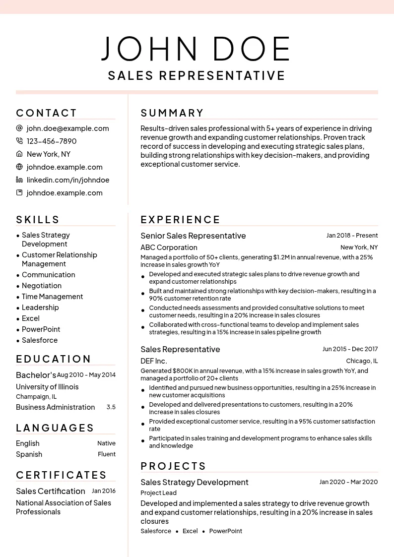 Consultative Sales Representative resume example