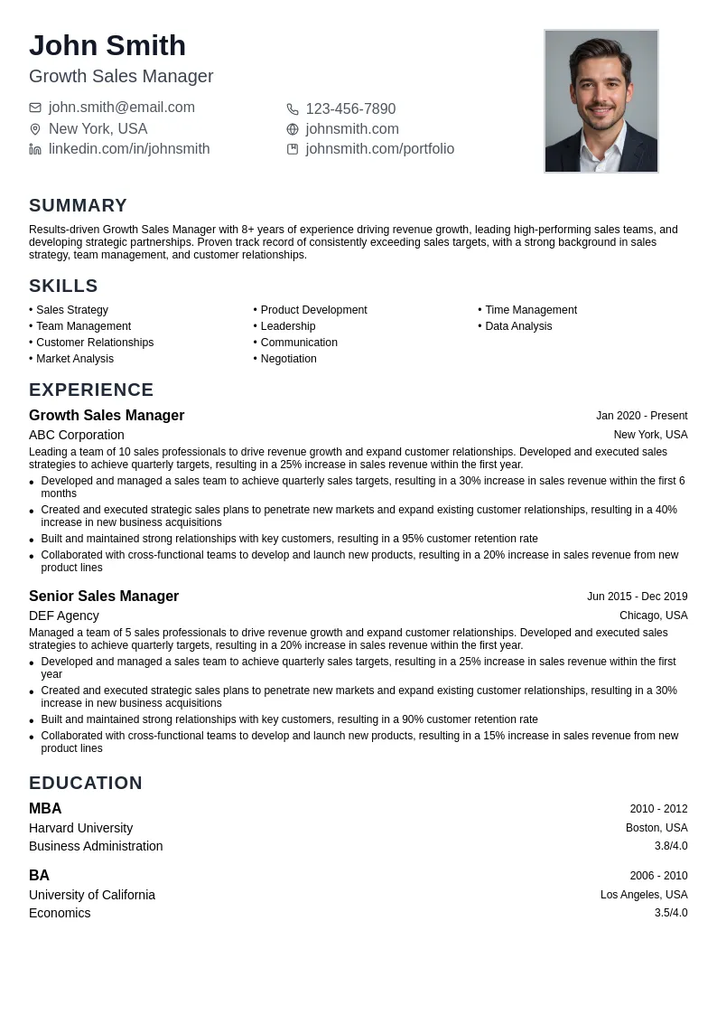 Growth Sales Manager resume example