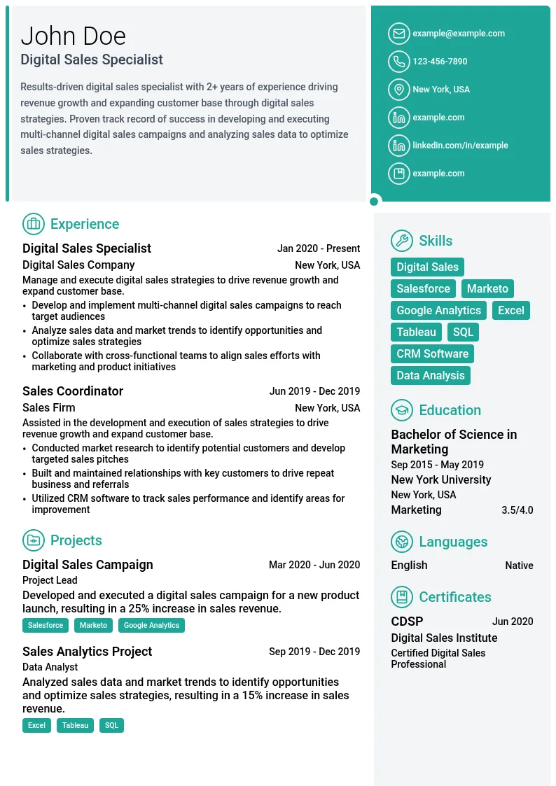 Digital Sales Specialist resume example