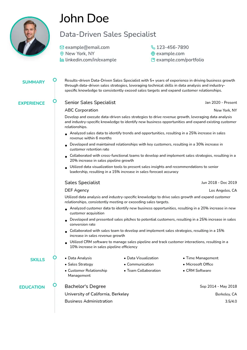 Data-Driven Sales Specialist resume example