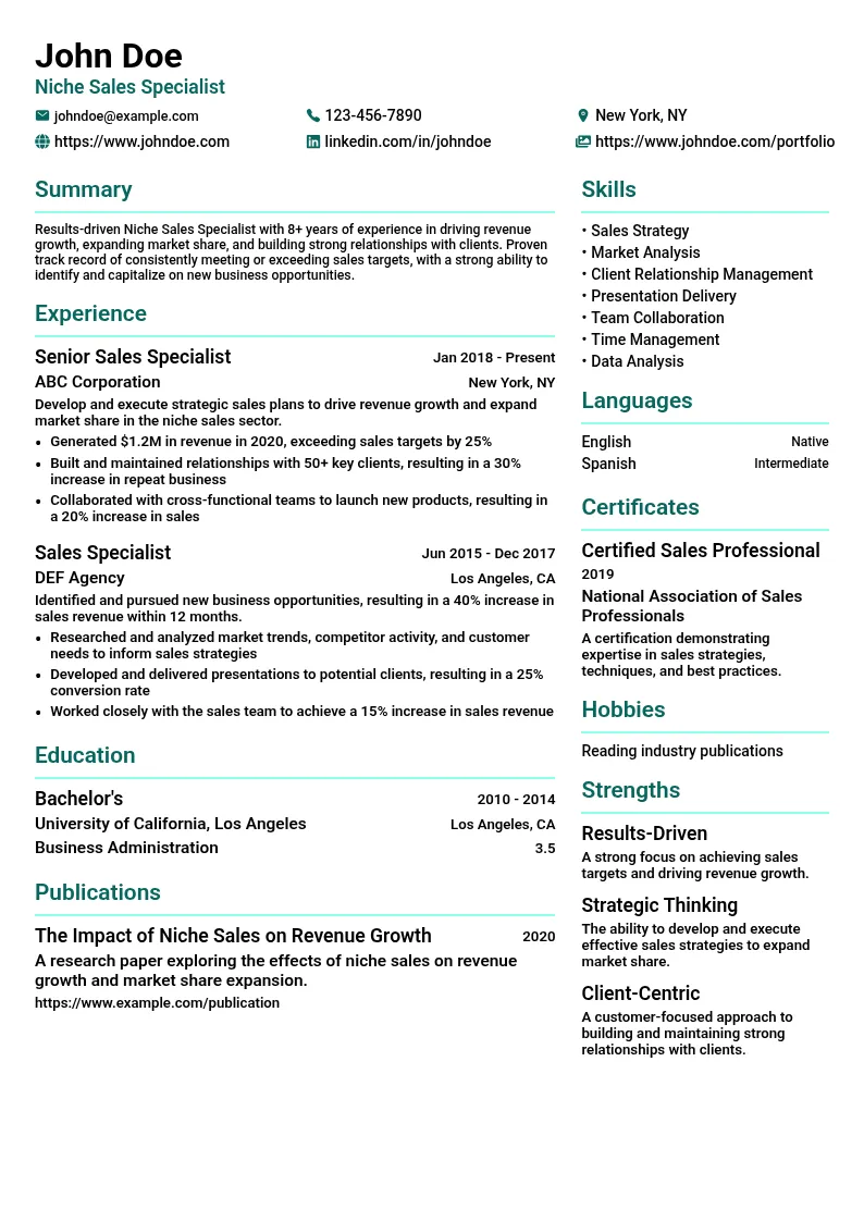 Niche Sales Specialist resume example