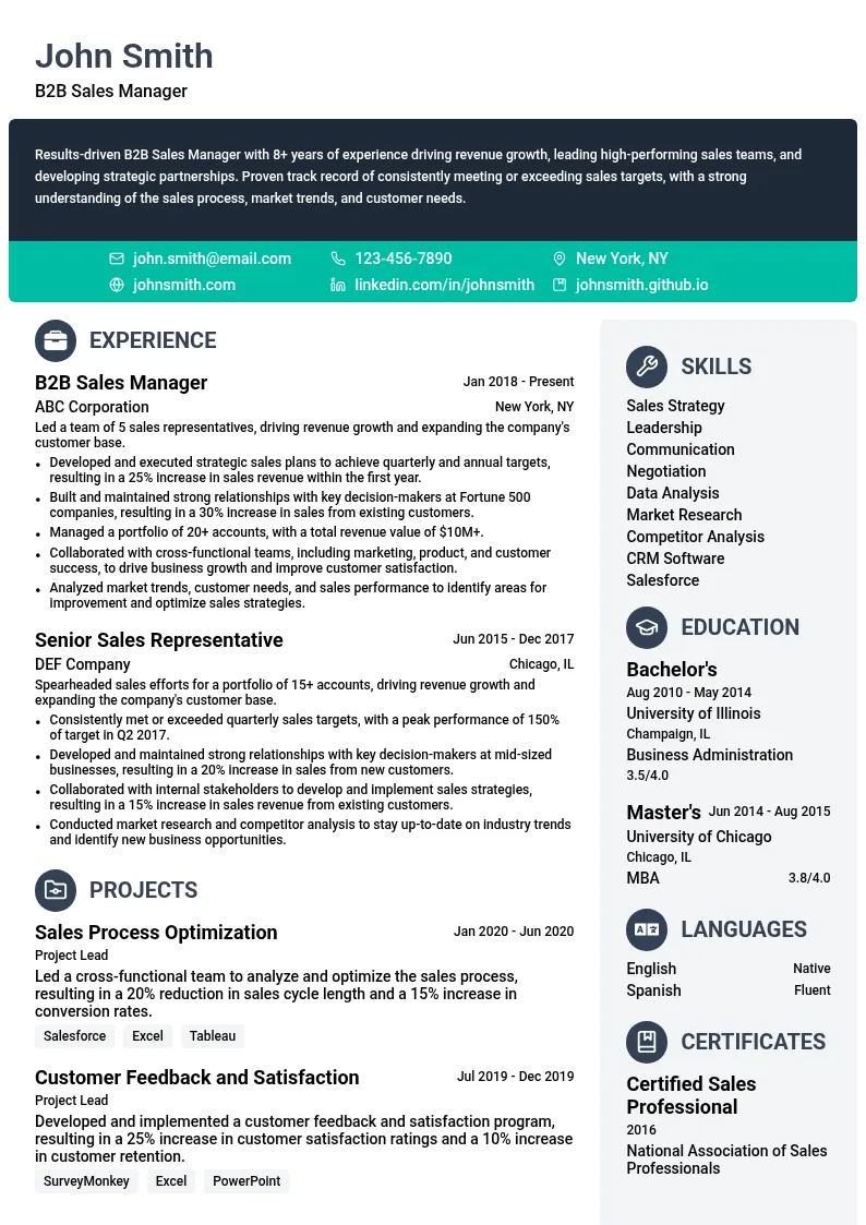 B2B Sales Manager resume example