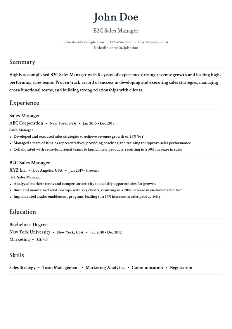 B2C Sales Manager resume example