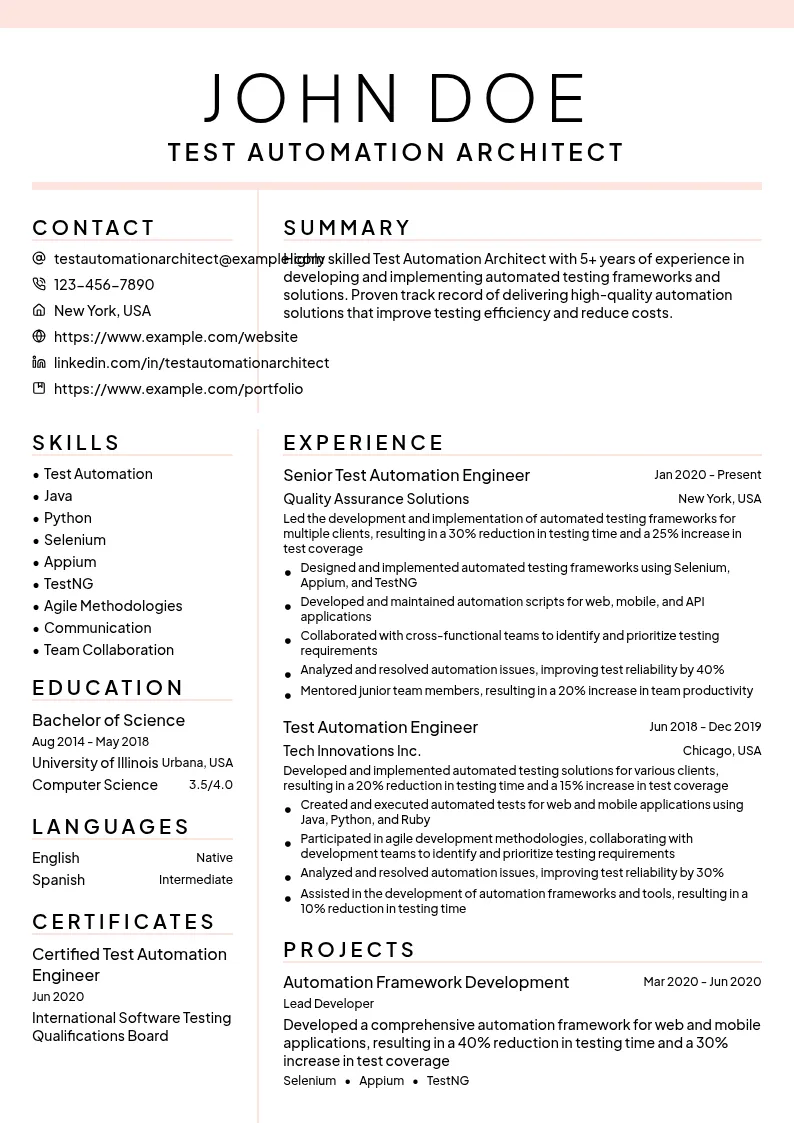 Test Automation Architect resume example