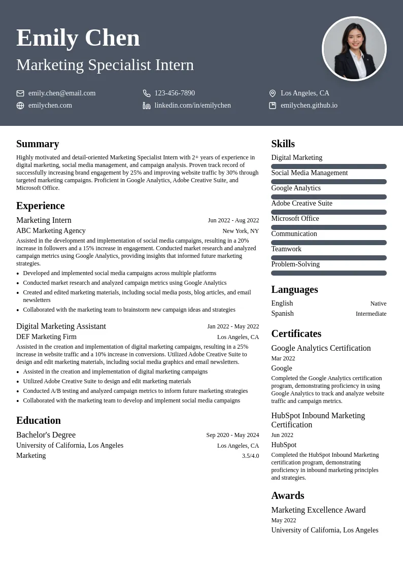 Marketing Specialist Intern resume example