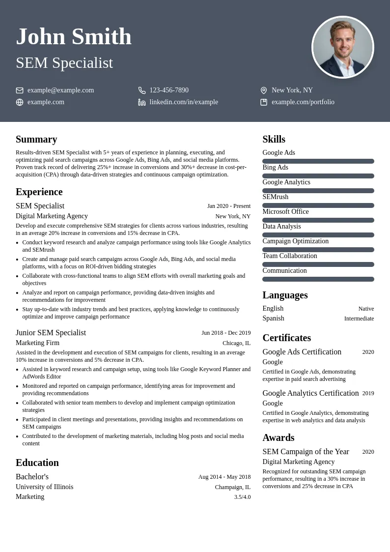 Search Engine Marketing (SEM) Specialist resume example