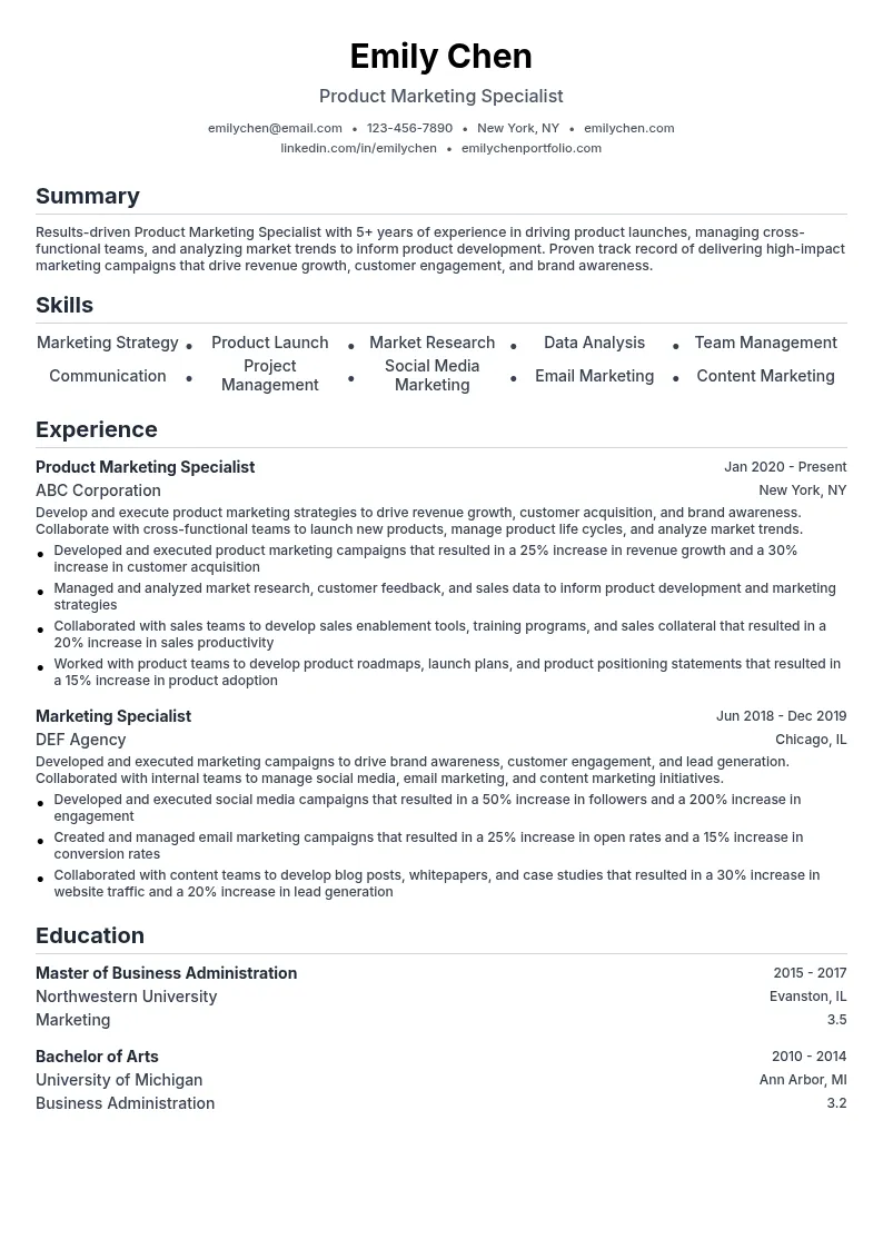 Product Marketing Specialist resume example