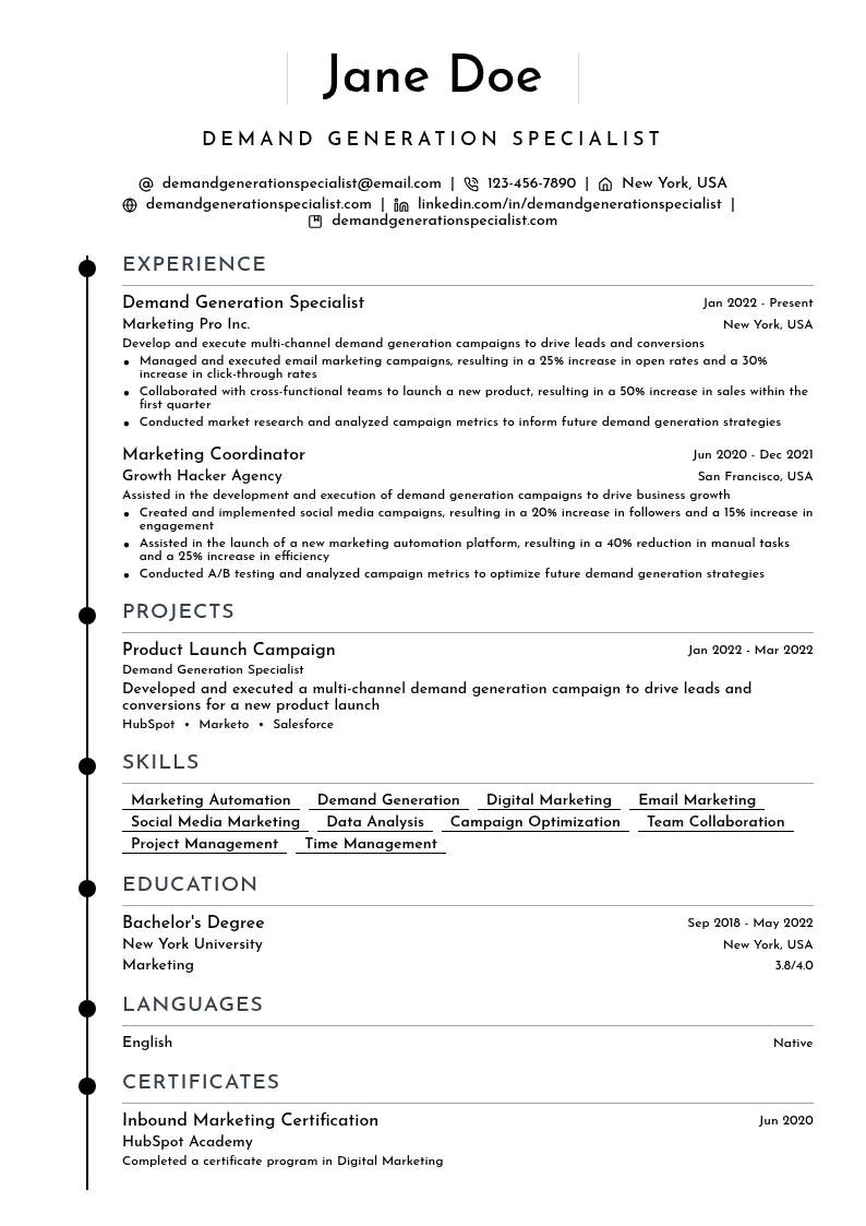 Demand Generation Specialist resume example
