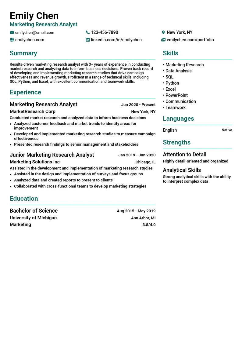 Marketing Research Analyst resume example