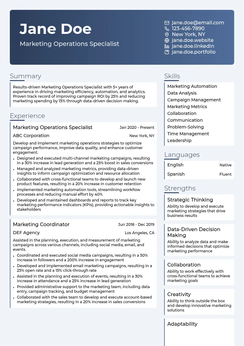Marketing Operations Specialist resume example