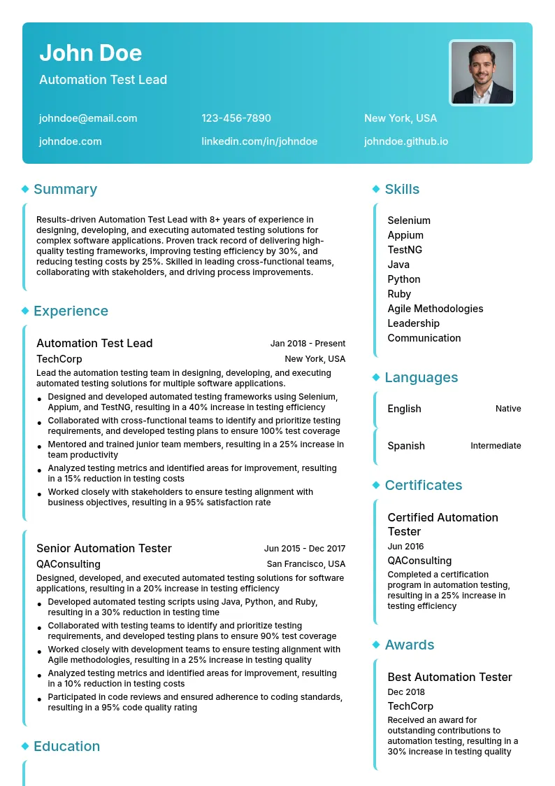 Automation Test Lead resume example