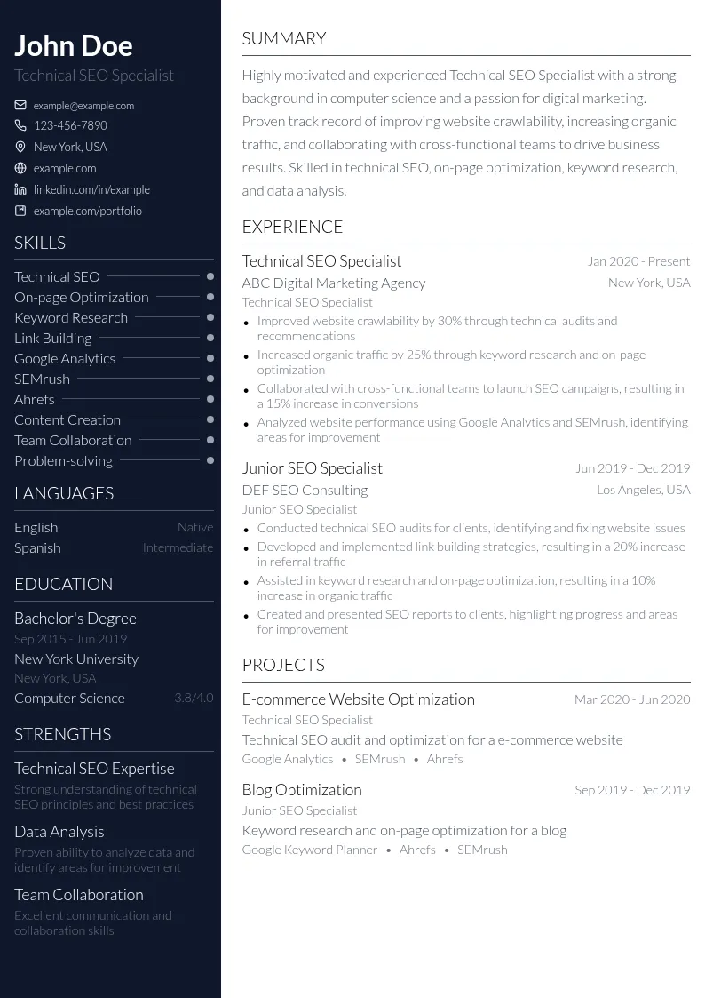 Technical SEO Specialist resume example
