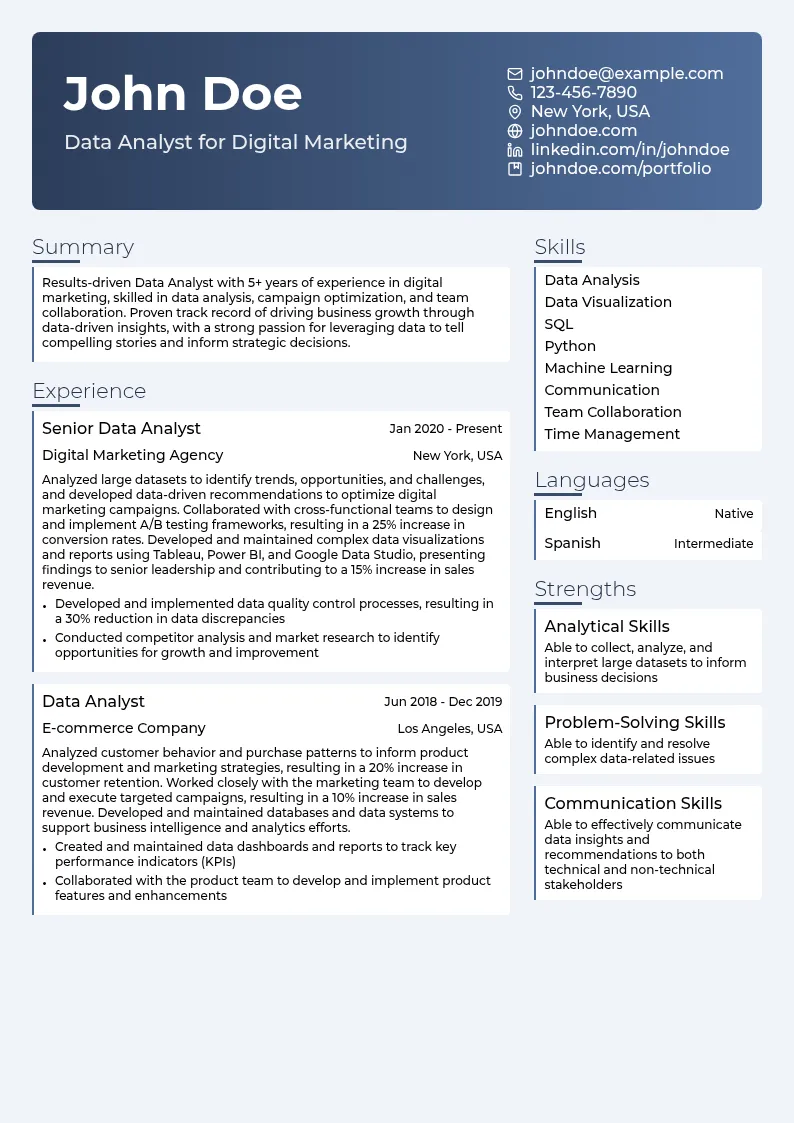 Data Analyst for Digital Marketing resume example