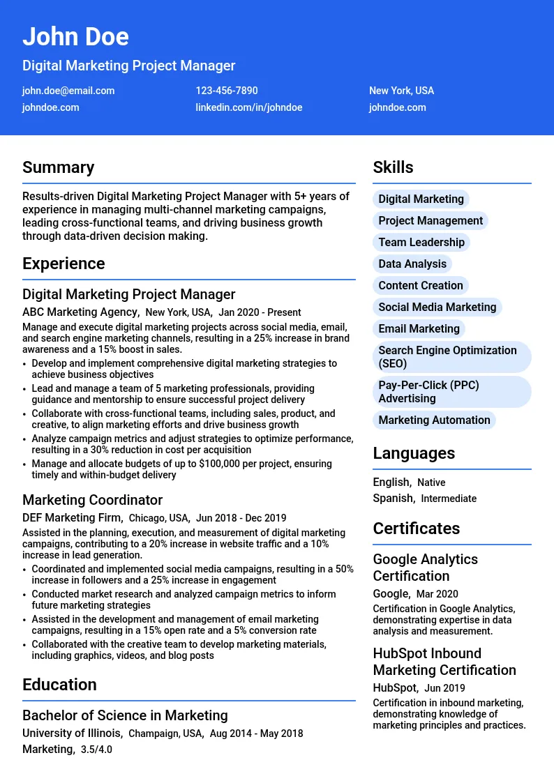 Digital Marketing Project Manager resume example