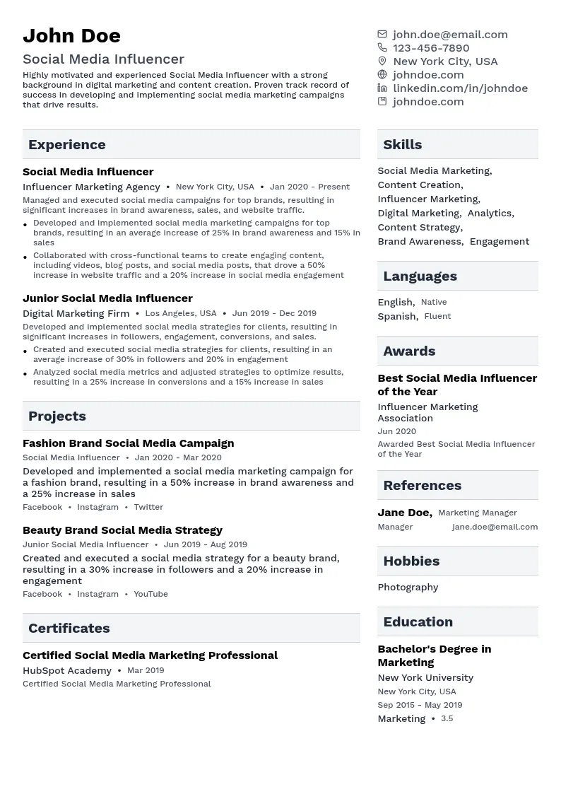 Social Media Influencer for Brands resume example