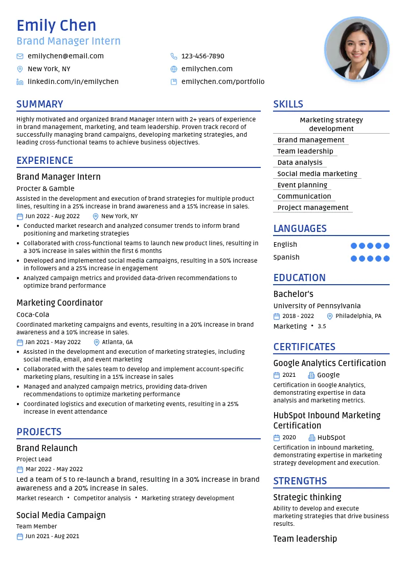 Brand Manager Intern resume example