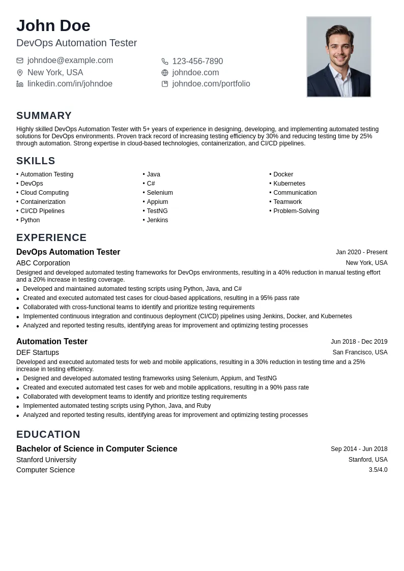 DevOps Automation Tester resume example