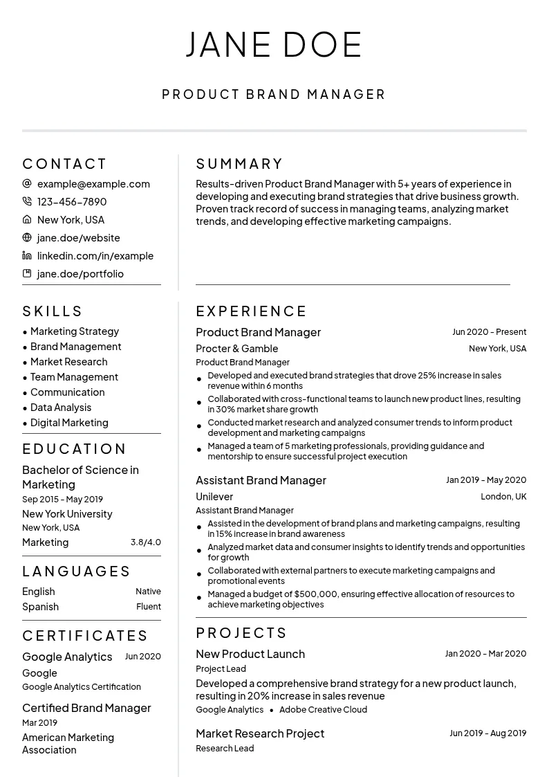 Product Brand Manager resume example
