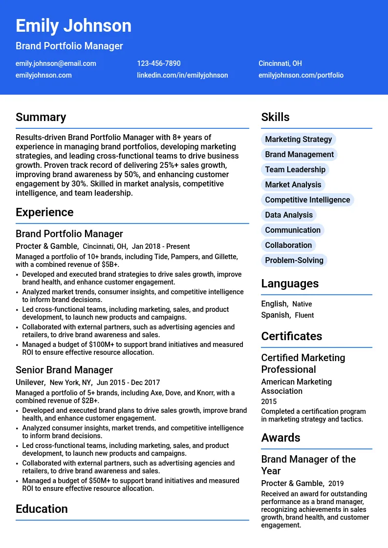 Brand Portfolio Manager resume example