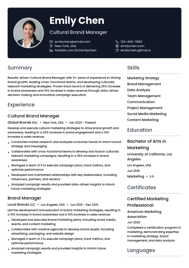Cultural Brand Manager resume example