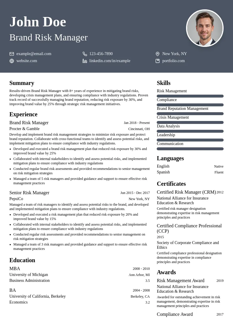Brand Risk Manager resume example