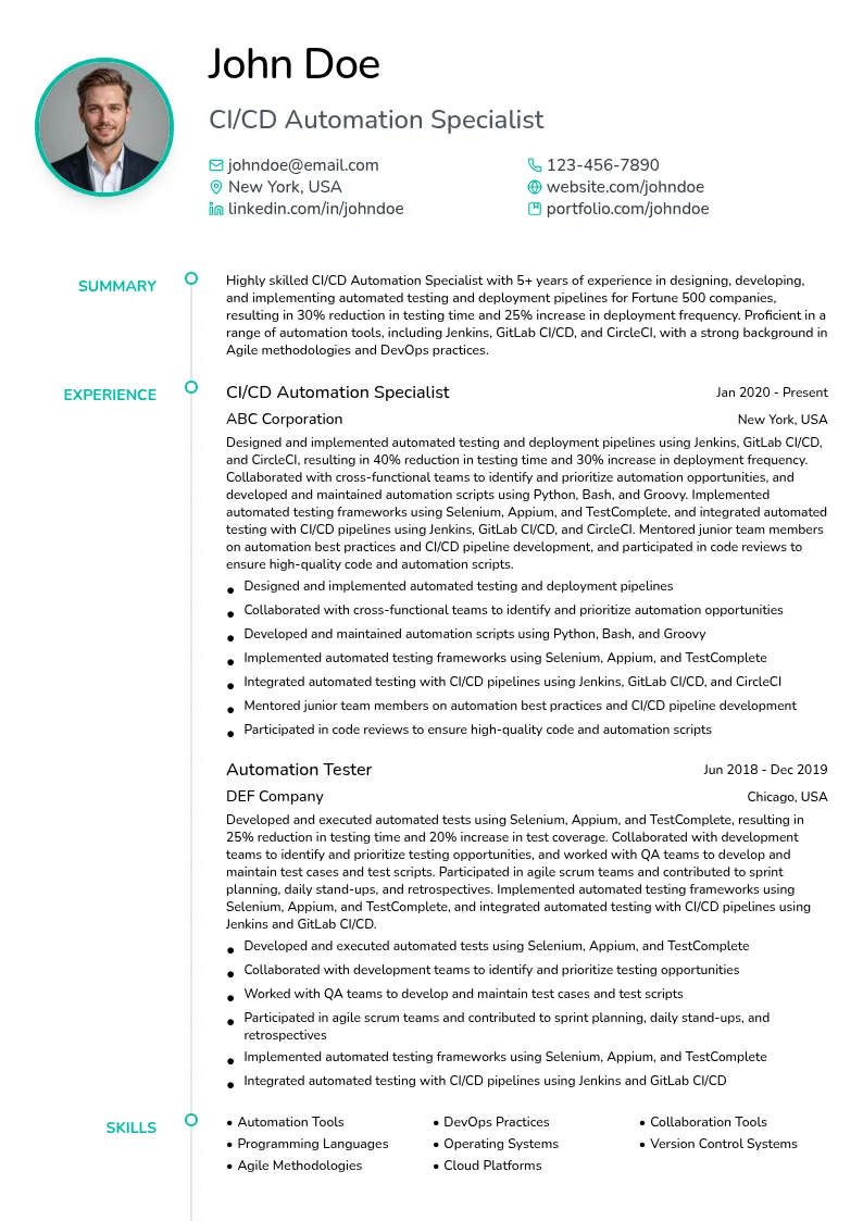 CI/CD Automation Specialist resume example