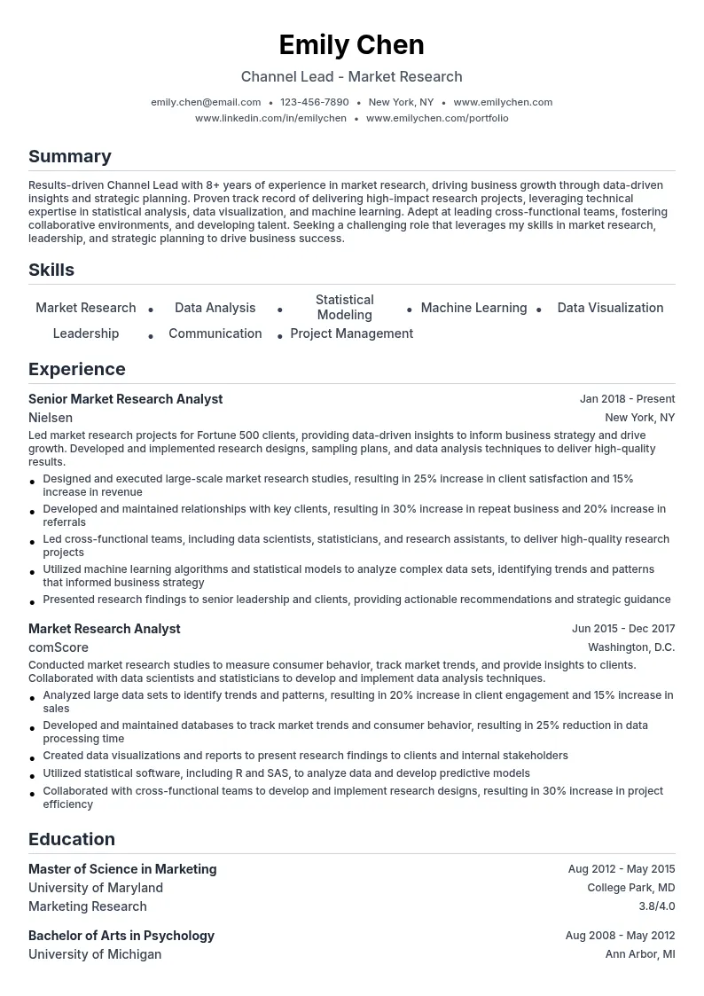 Channel Lead - Market Research resume example