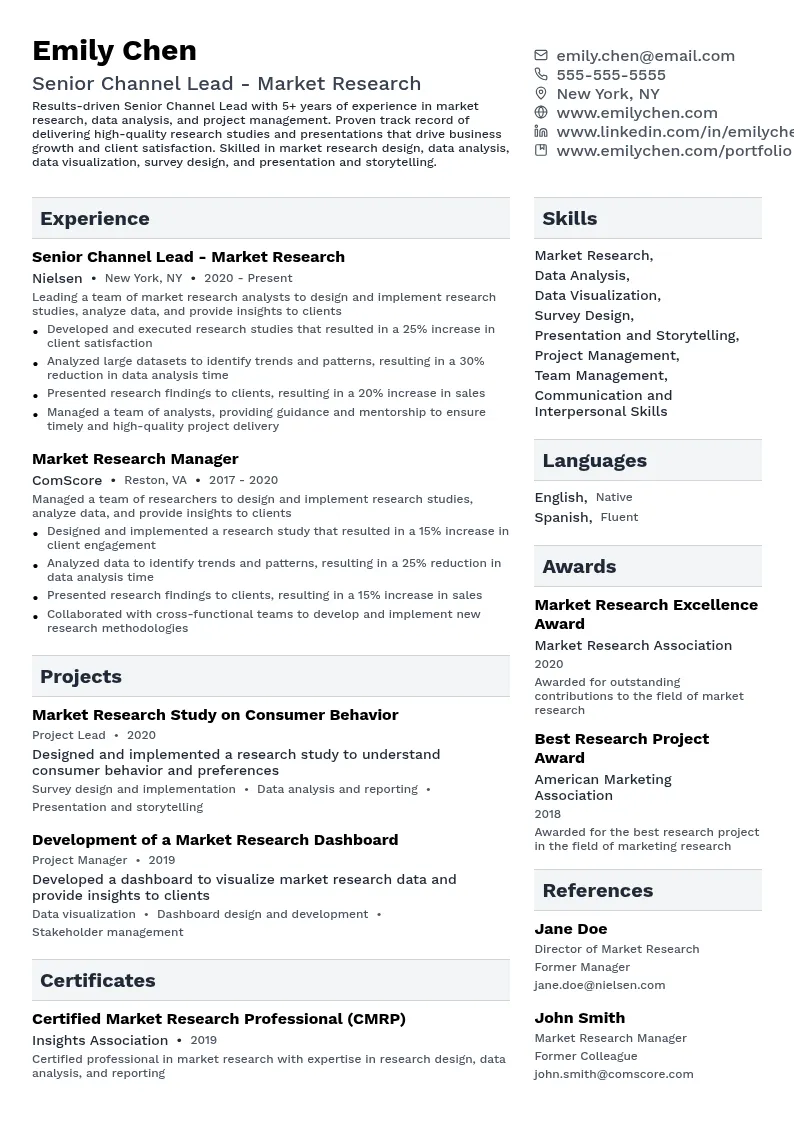 Senior Channel Lead - Market Research resume example