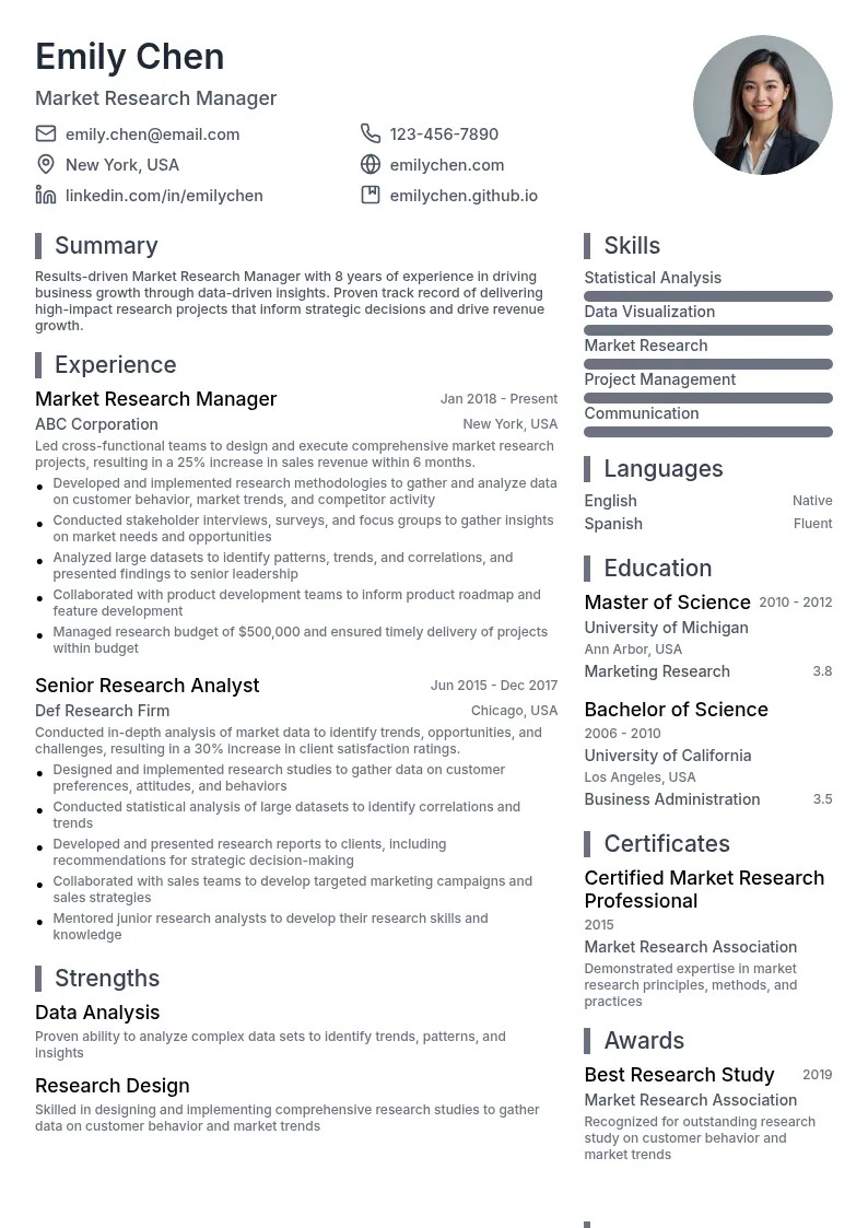 Market Research Manager resume example