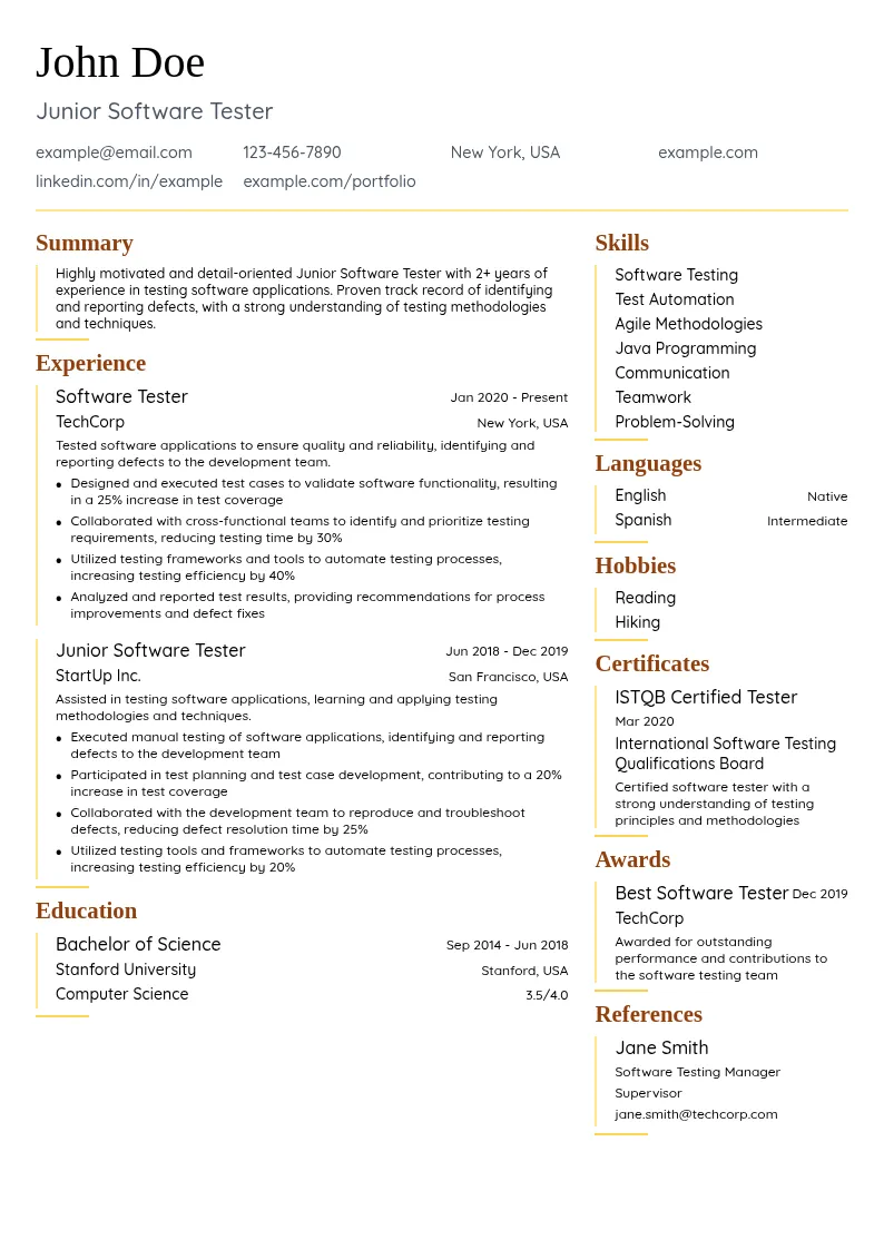 Junior Software Tester resume example