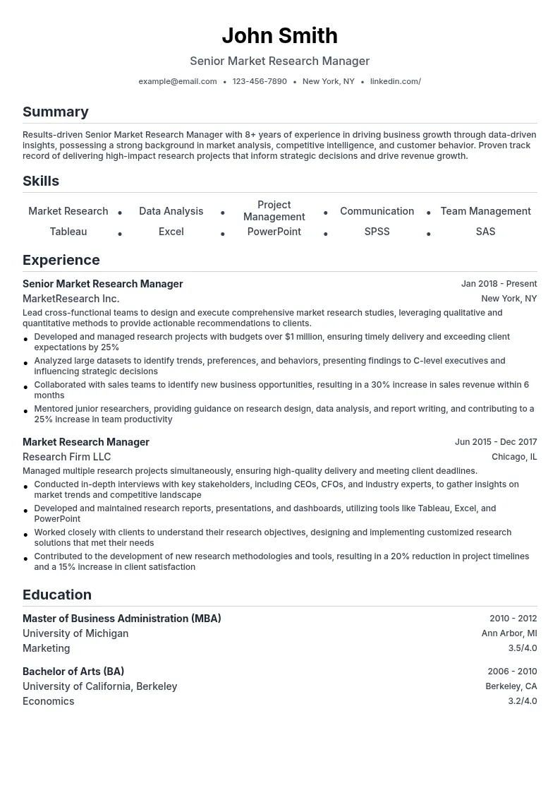 Senior Market Research Manager resume example