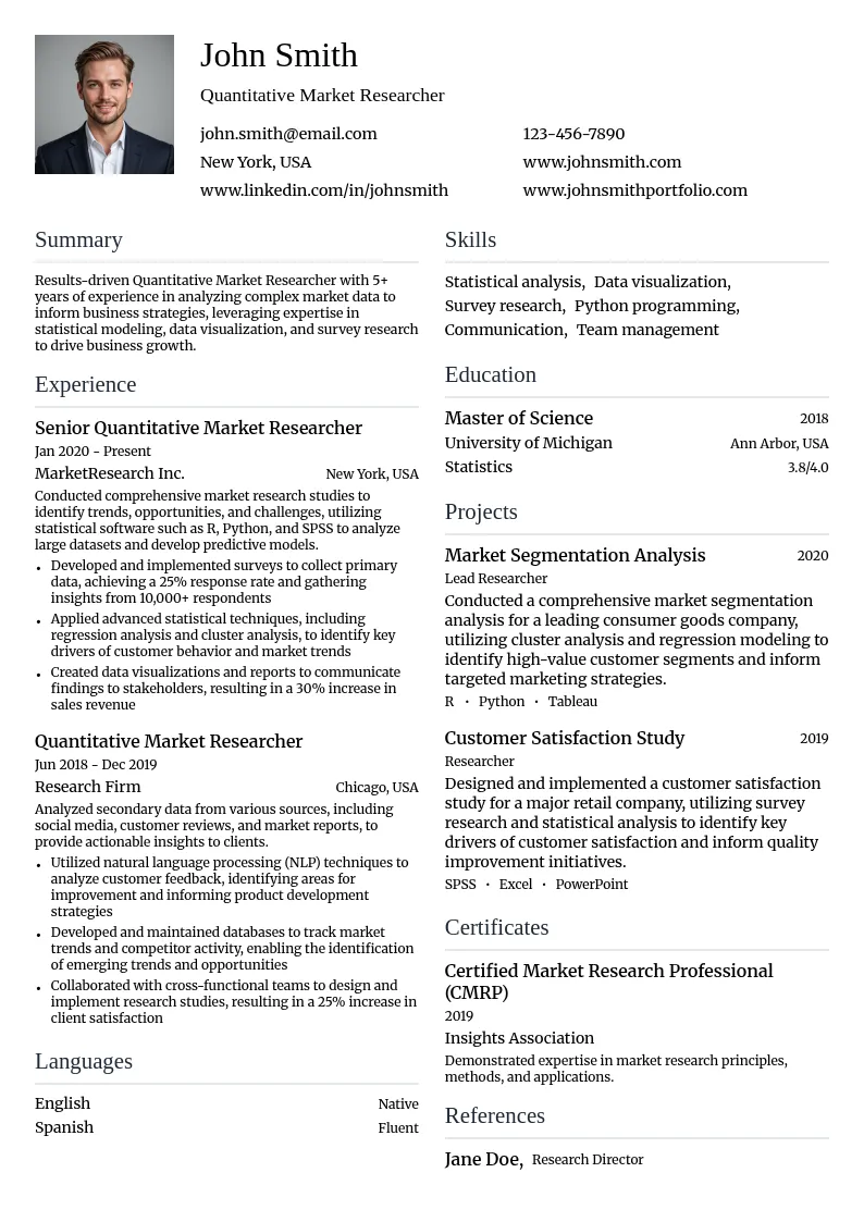 Quantitative Market Researcher resume example
