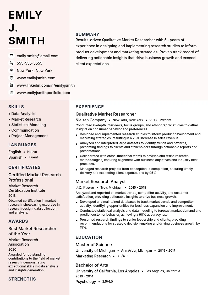 Qualitative Market Researcher resume example