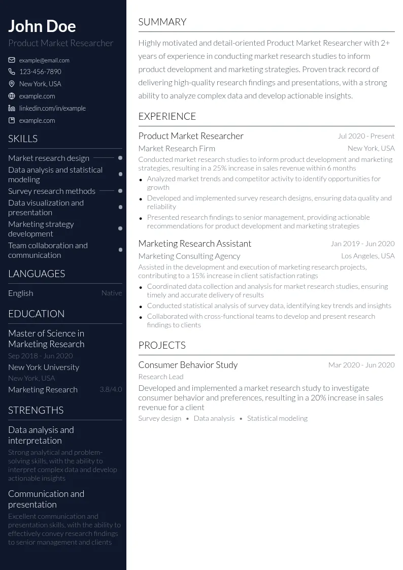Product Market Researcher resume example