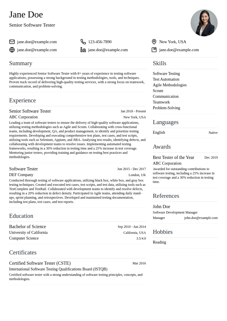 Senior Software Tester resume example