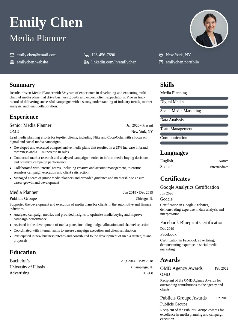 Media Planner resume example