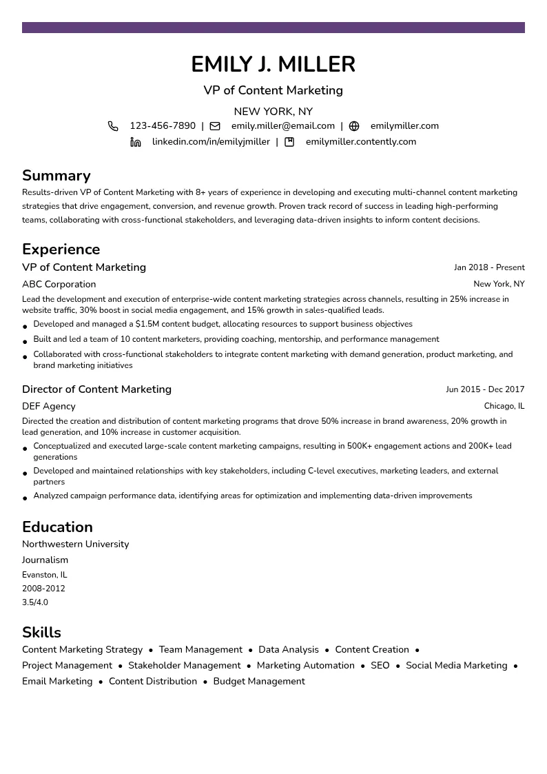 VP of Content Marketing resume example