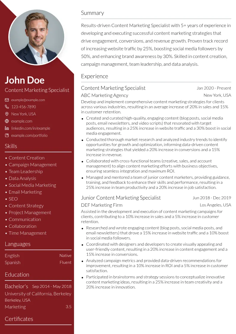 Content Marketing Specialist - Generalist resume example