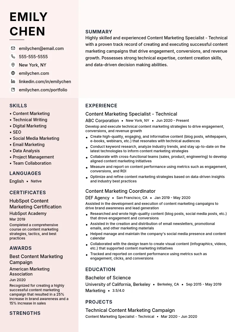 Content Marketing Specialist - Technical resume example