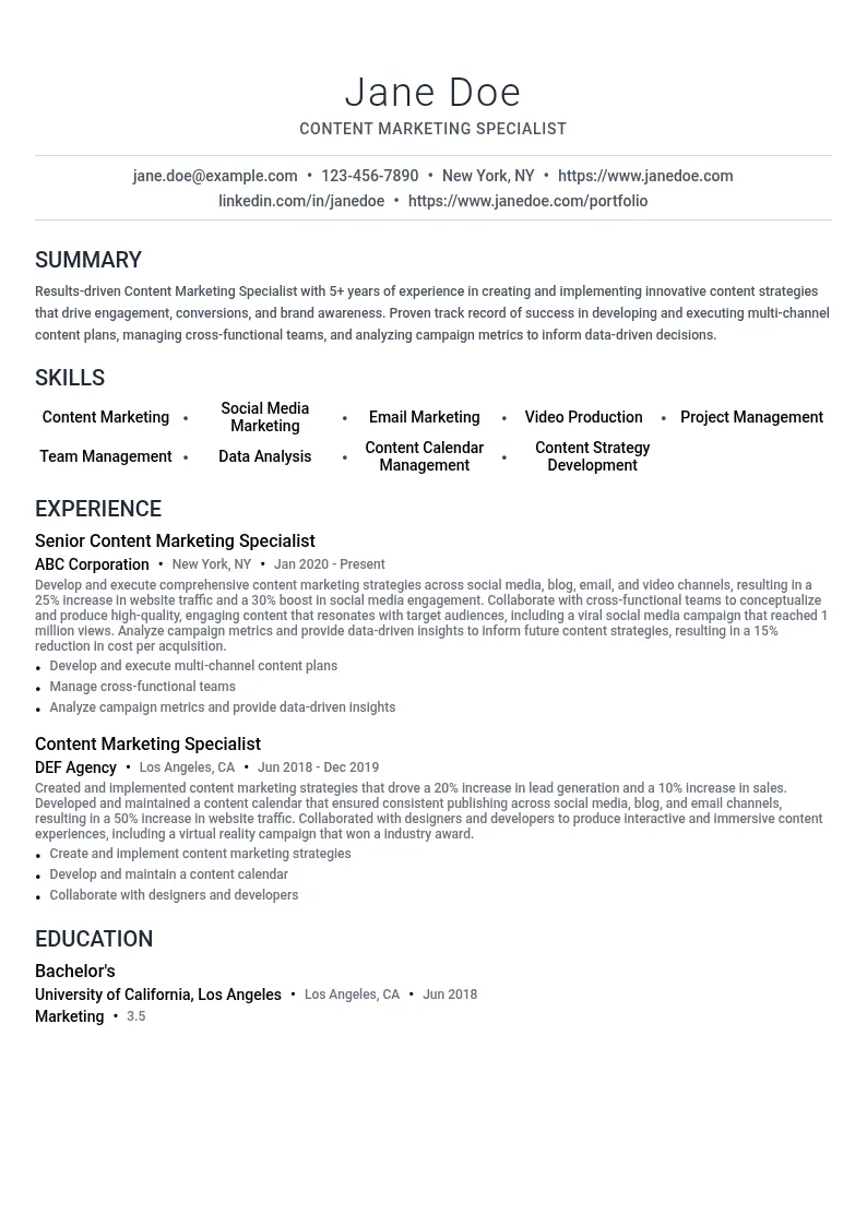 Content Marketing Specialist - Creative resume example