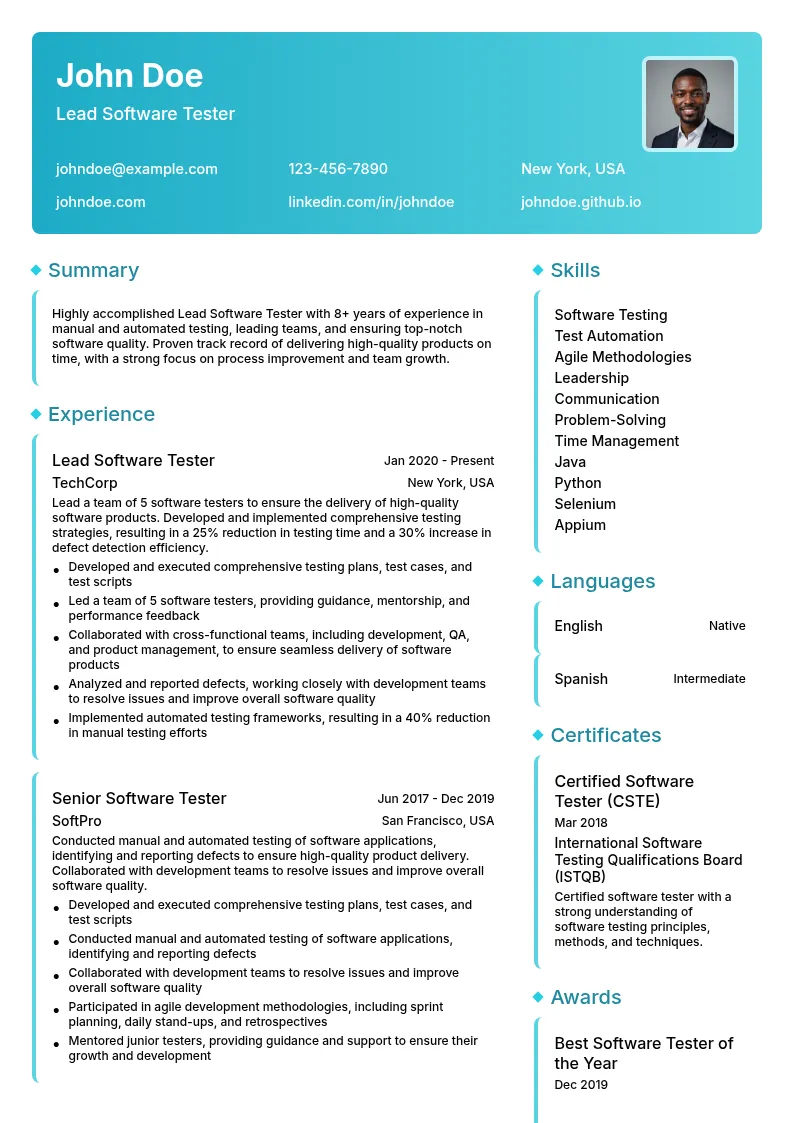 Lead Software Tester resume example