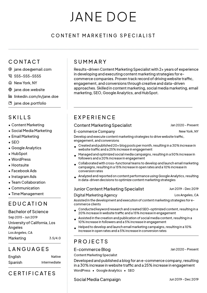 Content Marketing Specialist - E-commerce resume example