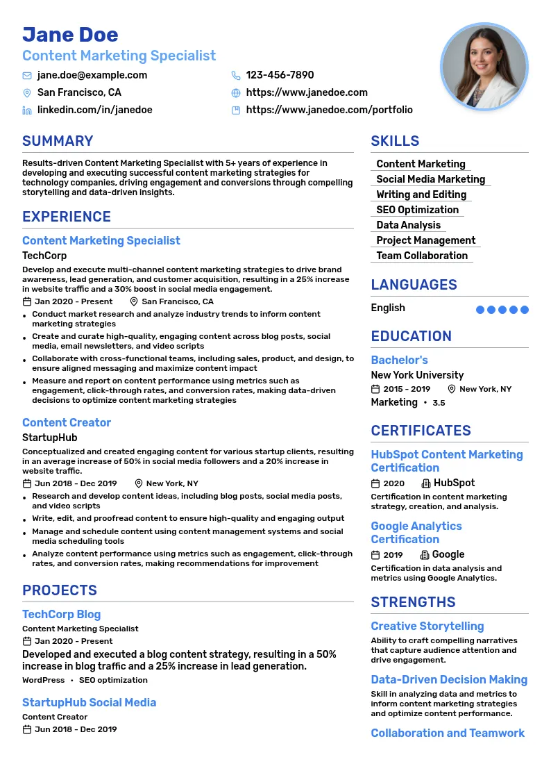Content Marketing Specialist - Technology resume example