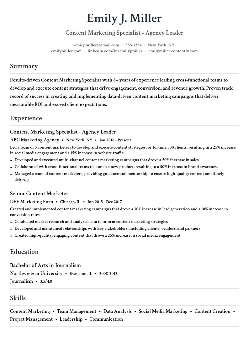Content Marketing Specialist - Agency Leader resume example