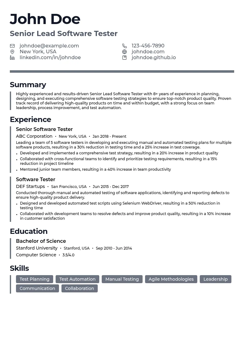 Senior Lead Software Tester resume example