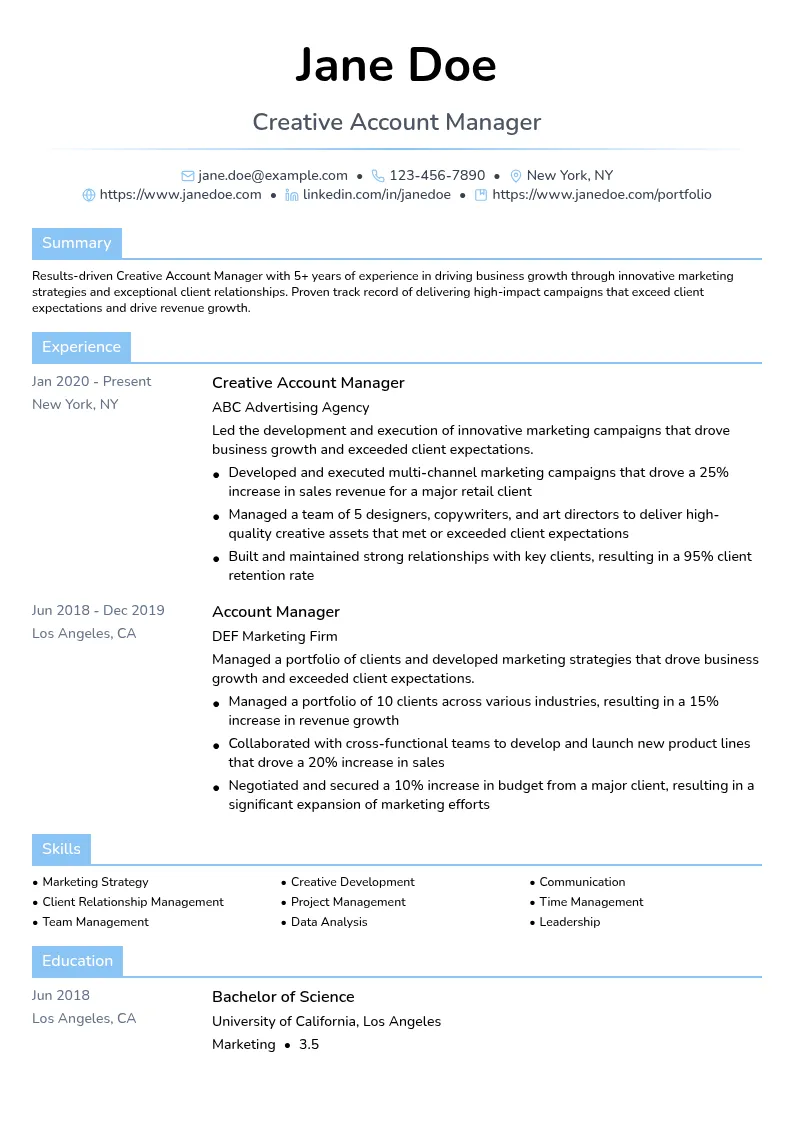 Creative Account Manager resume example