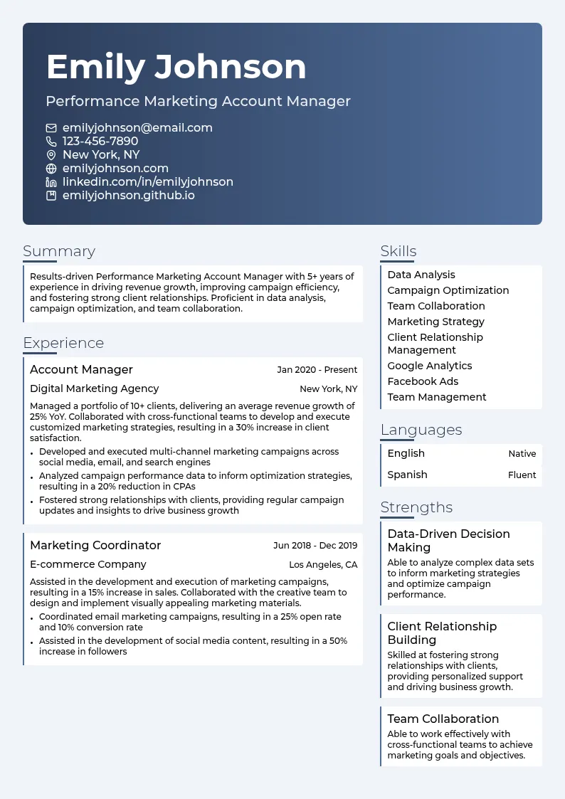 Performance Marketing Account Manager resume example