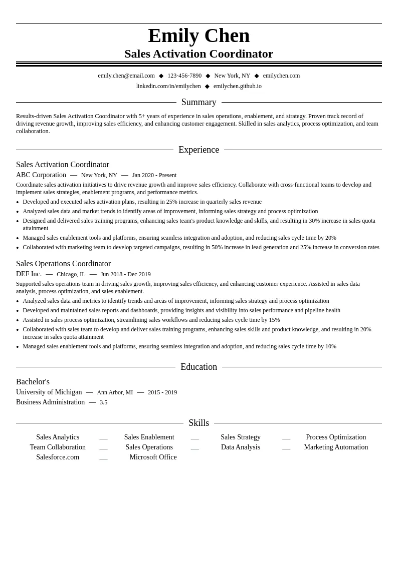 Sales Activation Coordinator resume example