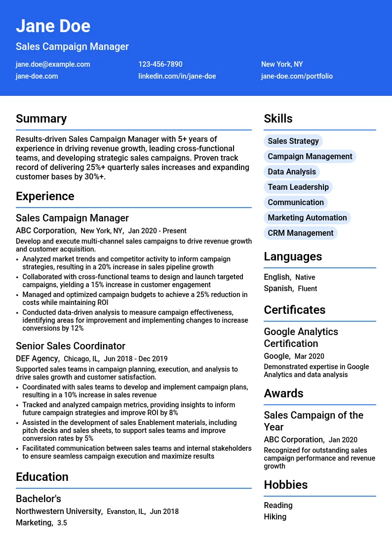 Sales Campaign Manager resume example