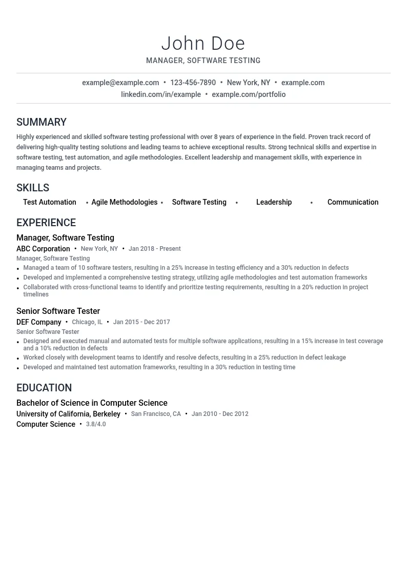 Manager, Software Testing resume example
